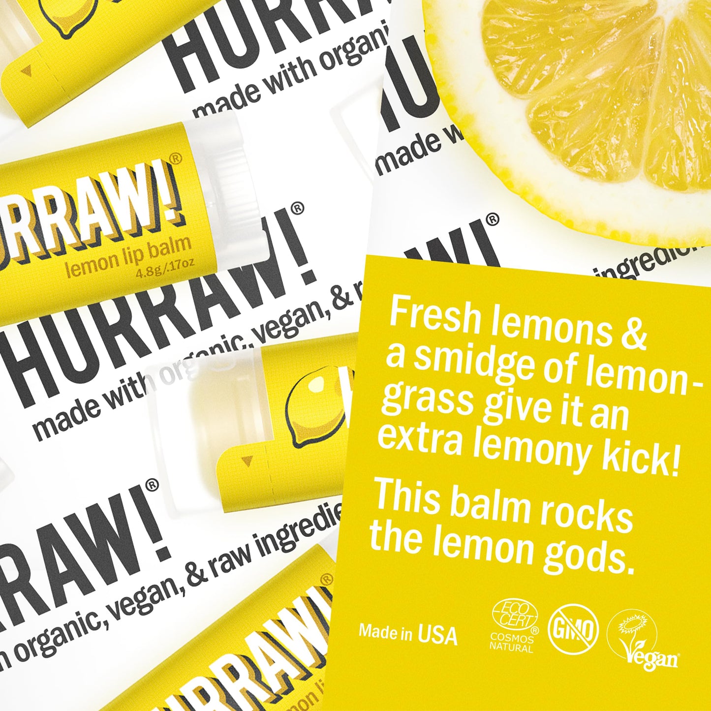 Hurraw! Lemon Lip Balm, 3 Pack: Organic, Certified Vegan, Cruelty and Gluten Free. Non-GMO, 100% Natural Ingredients. Bee, Shea, Soy and Palm Free. Made in USA