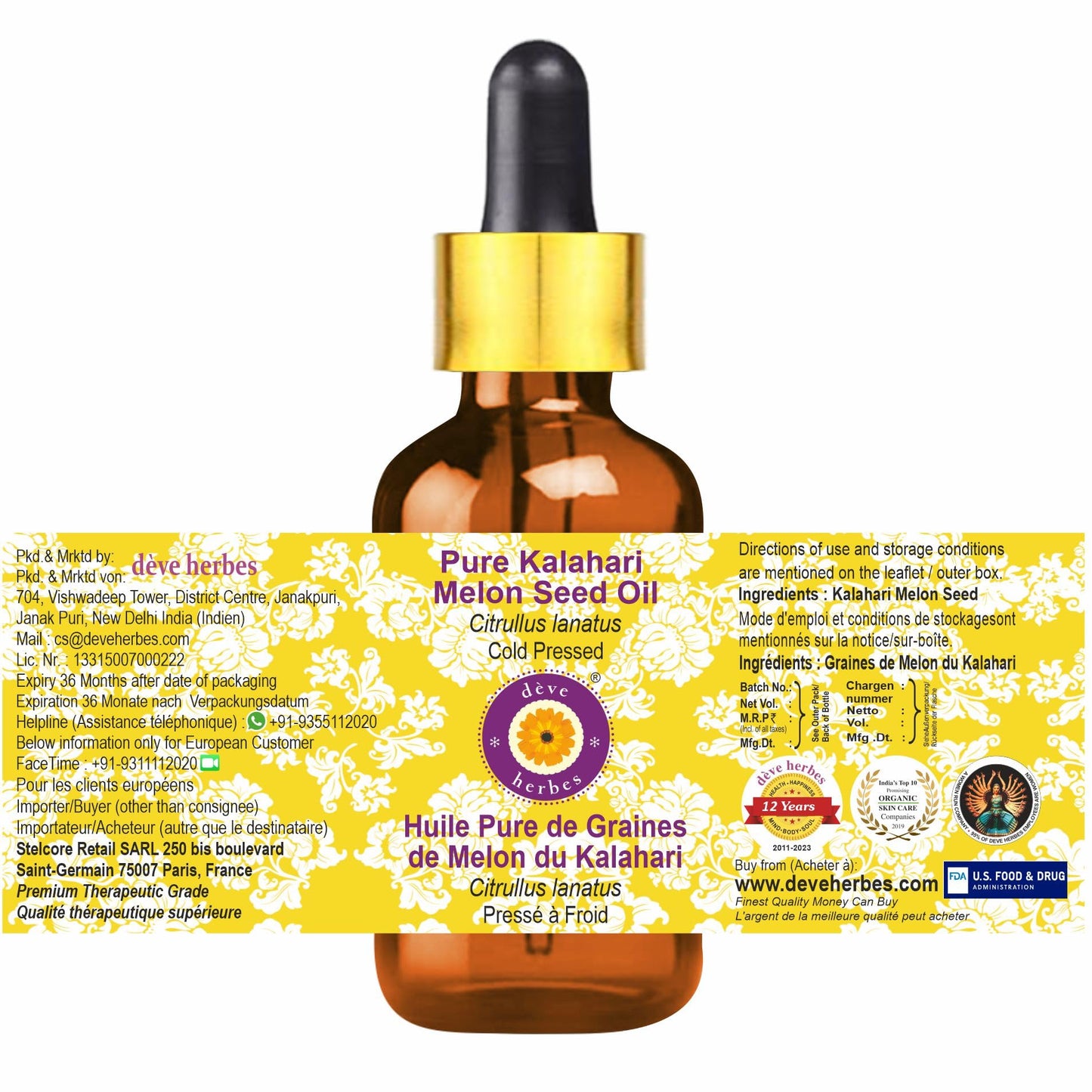 dève herbes Kalahari Melon Seed Oil (Citrullus lanatus) with Glass Dropper | Cold Pressed | Pure | For Diluting Essential oils | Hair, Skin & Massage | Non-Sticky| Lightweight| Unisex | 15ml (0.50 oz)