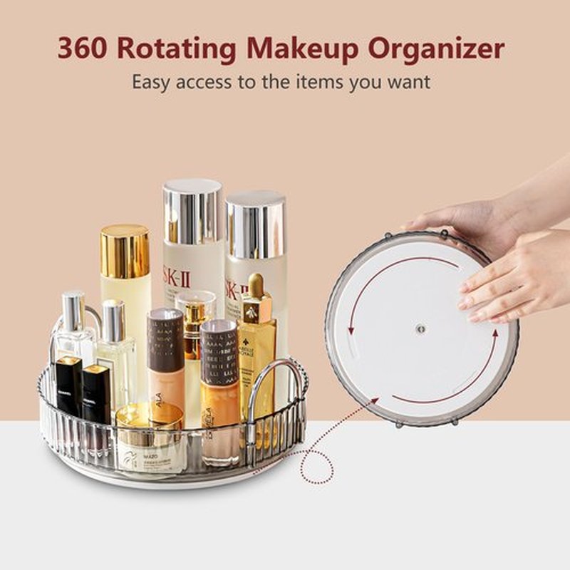 INVSSENE 360° Rotating Makeup Organizer, Bathroom Make Up Spinning Holder Rack, Large Capacity Cosmetics Storage Vanity Shelf Countertop, Fits Cosmetics, Perfume, Skincare, Lipsticks(1 Tier, Gray)