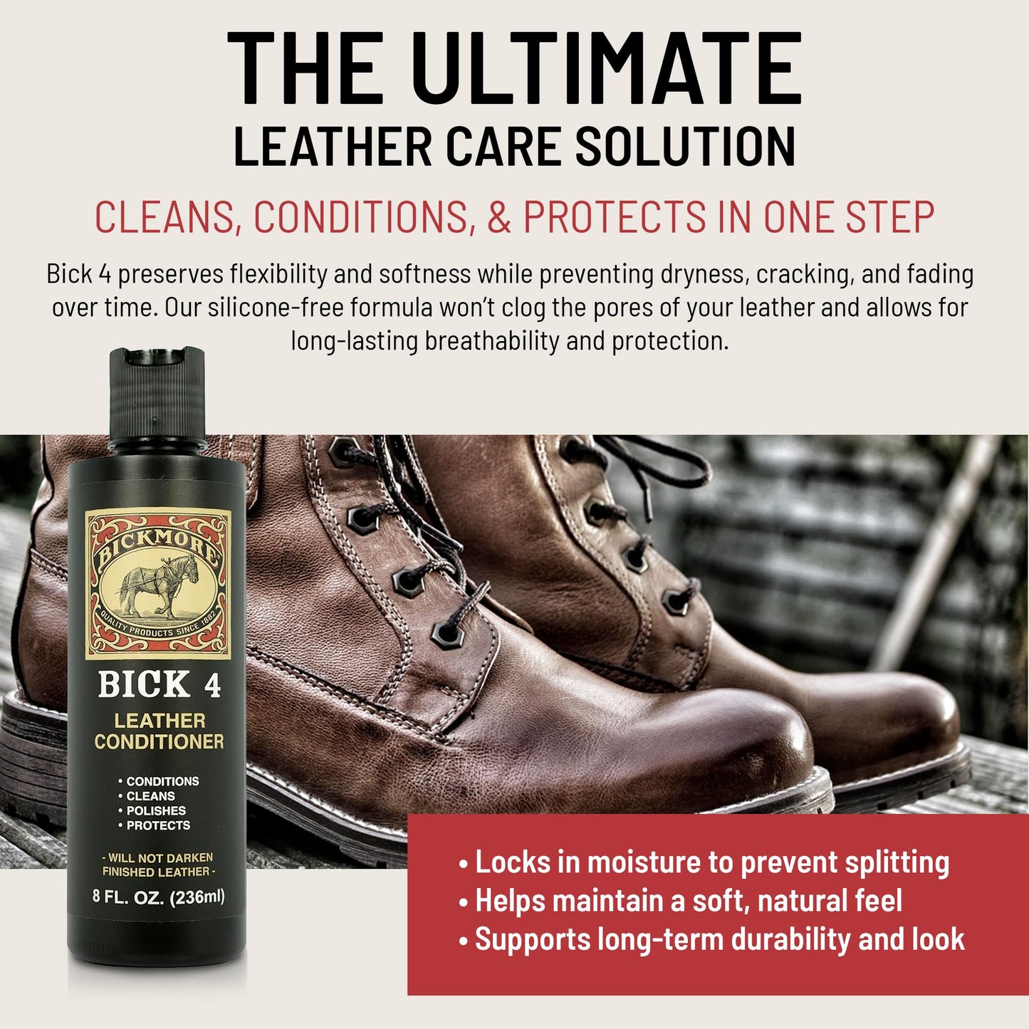 Bick 4 Leather Conditioner & Cleaner, Won't Darken Boots, Couch, Bags 8 oz