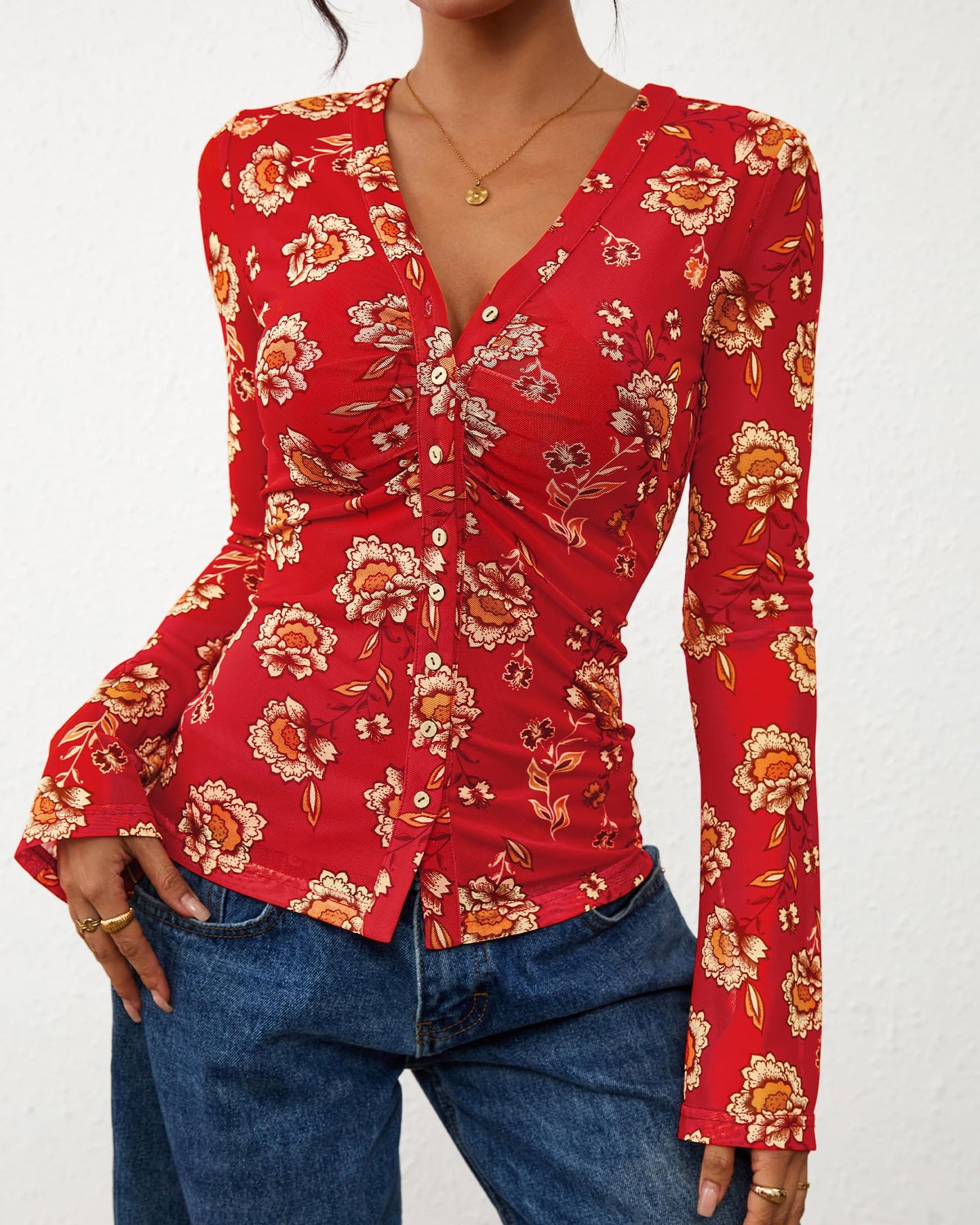 BTFBM Button Down Shirts for Women 2026 Fall Boho Tops V Neck Long Sleeve Blouses Ruched Mesh Fitted Fashion Clothing(Red, Medium)