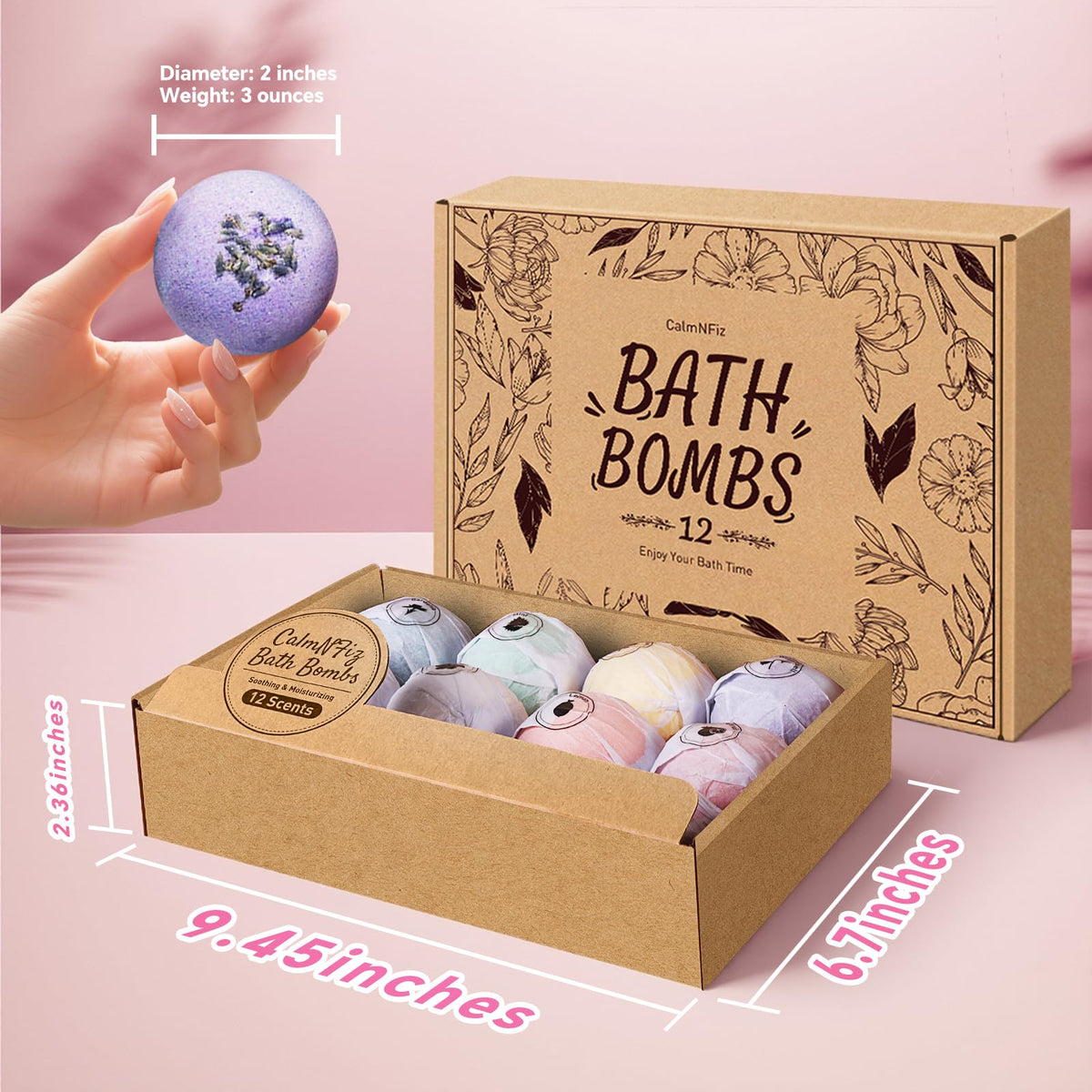CalmNfiz Bath Bombs for Women, 12 PCS Bath Set, Natural Bubble Bathbombs with Shea Butter, Dry Skin Moisturizing, Present for Christmas, Birthday, Valentine’s Day for Mom, Wife, Her, Girls