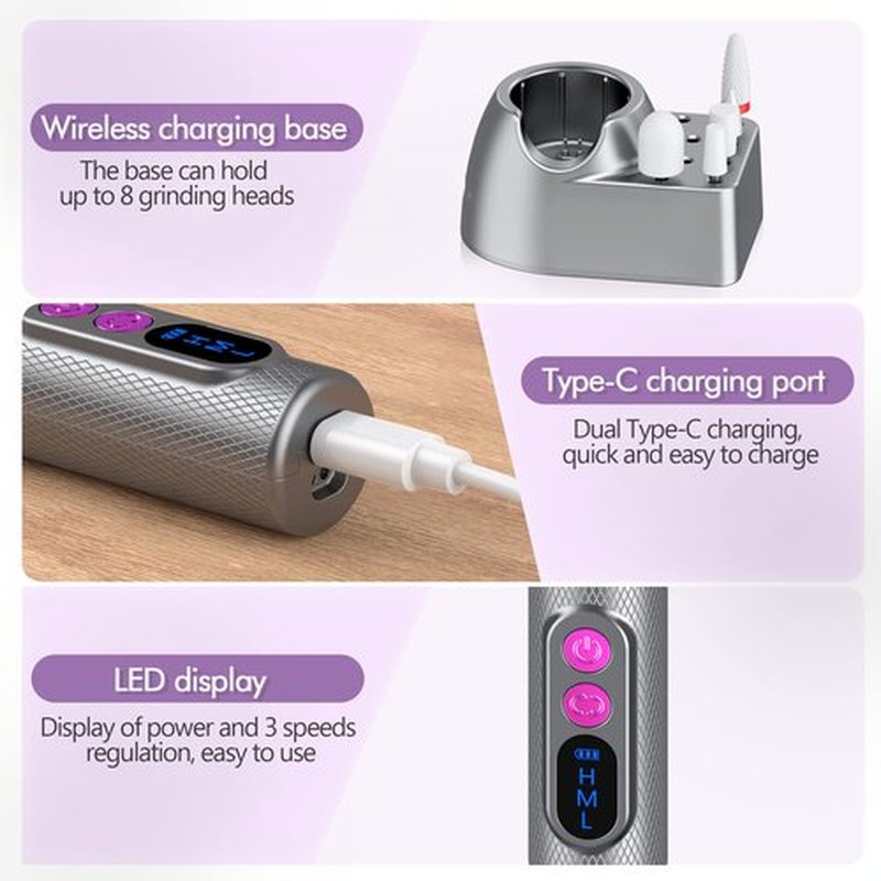 Nail Drill, Cordless Electric Nail Drill Professional E-File Nail Drill Kit for Acrylic, Gel Nails, Manicure Pedicure Polishing Shape Tools Design for Home Salon Use Gray