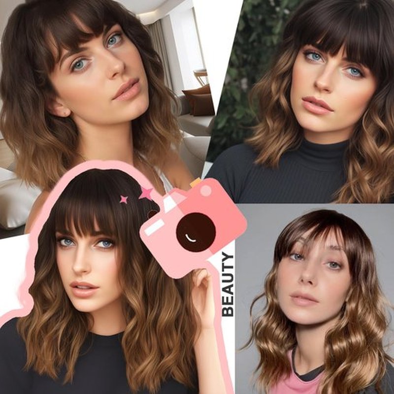 LINGDORA Brown Wigs for Women Short Wig with Bangs Natural Looking Curly Hair Wigs Synthetic Heat Resistant Fiber Ombre Wigs for Daily Party Use (Ombre Brown)