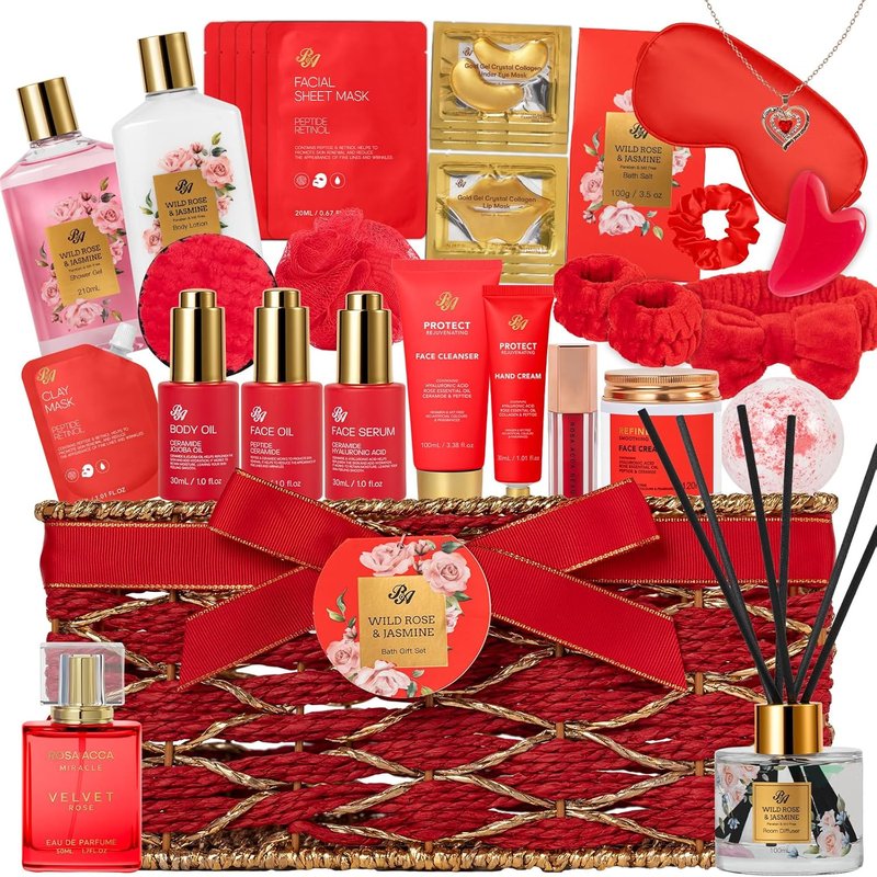 35-Piece Mother's Day Gift Basket - Red Rose Bath & Body Spa Set for Women | Face Care Kit, Diffuser, Necklace