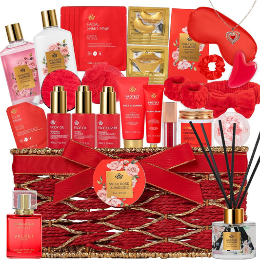 35-Piece Mother's Day Gift Basket - Red Rose Bath & Body Spa Set for Women | Face Care Kit, Diffuser, Necklace