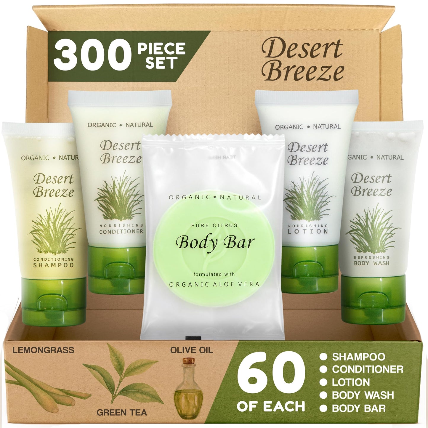 Travel Size Hotel Toiletry Set 300 Count 1 oz Bottles Guest Amenities for Vacation Rentals and Short Term Rentals Paraben Free Green Tea Lemongrass Scent Infused with Aloe and Olive Oil |Desert Breeze