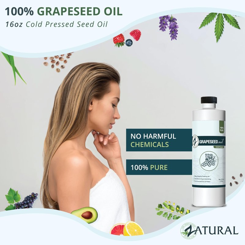 Zatural 100% Pure Cold Pressed Grapeseed Oil – Naturally Grown Virgin, High Smoke Point 450°F+, Non-GMO, Perfect for Cooking Frying Baking, Dressings Marinades & Skincare Hair (16 Fl oz)