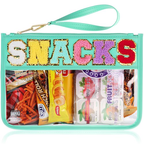 TESAFNG Snack Bag for Travel - Clear Chenille Varsity Letter Flat Pouch with Zipper, Waterproof Clear PVC&PU Preppy Patch Makeup Cosmetic tote Bags for Women (Green-Snacks)