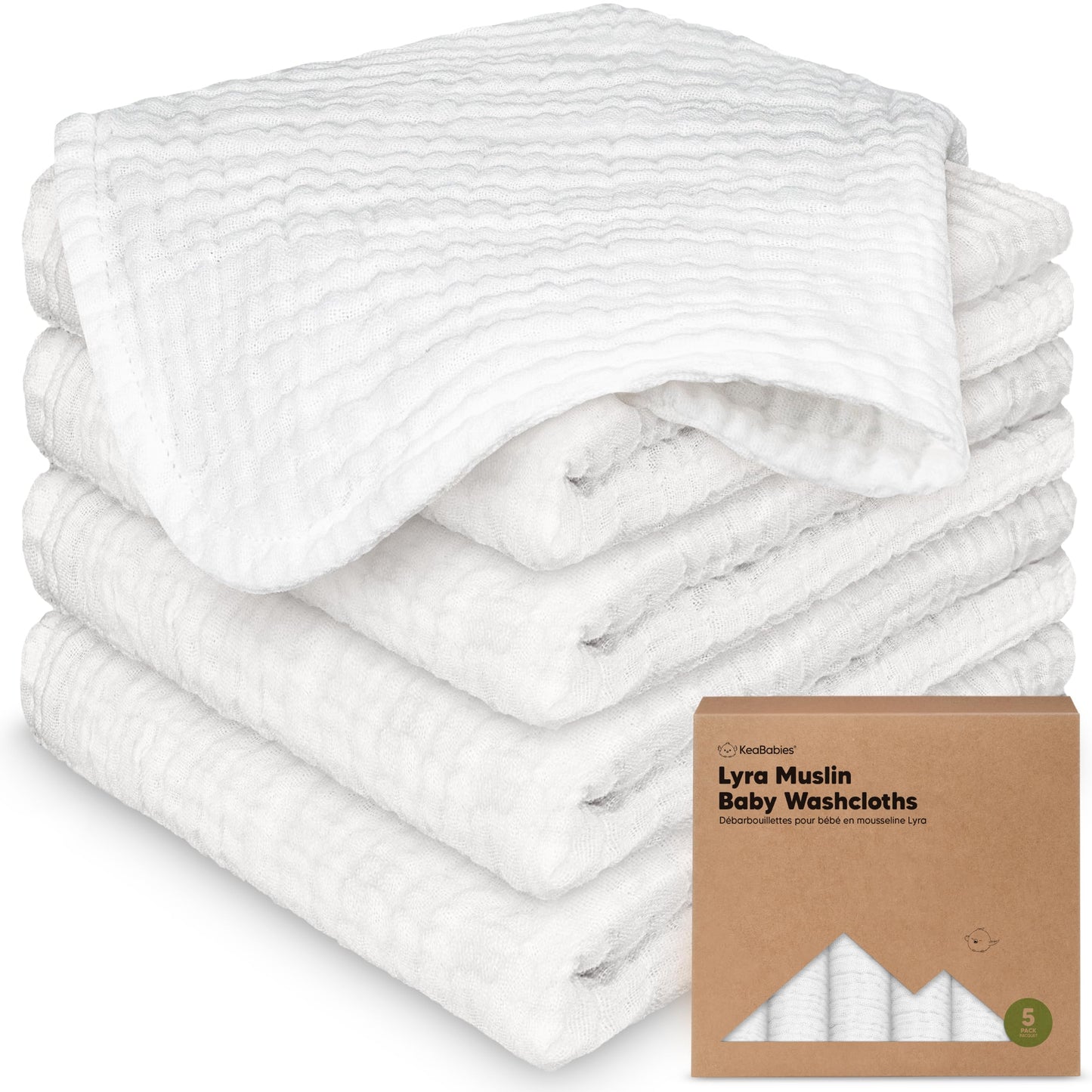 5-Pack Muslin Baby Washcloths for Newborn – 12x12" Soft Absorbent Organic Cotton Muslin Wash Cloths for Babies Girl, Boy, Infant, Toddlers, Kids Face Towel, Bath Essentials,Baby Burp Rags (Soft White)