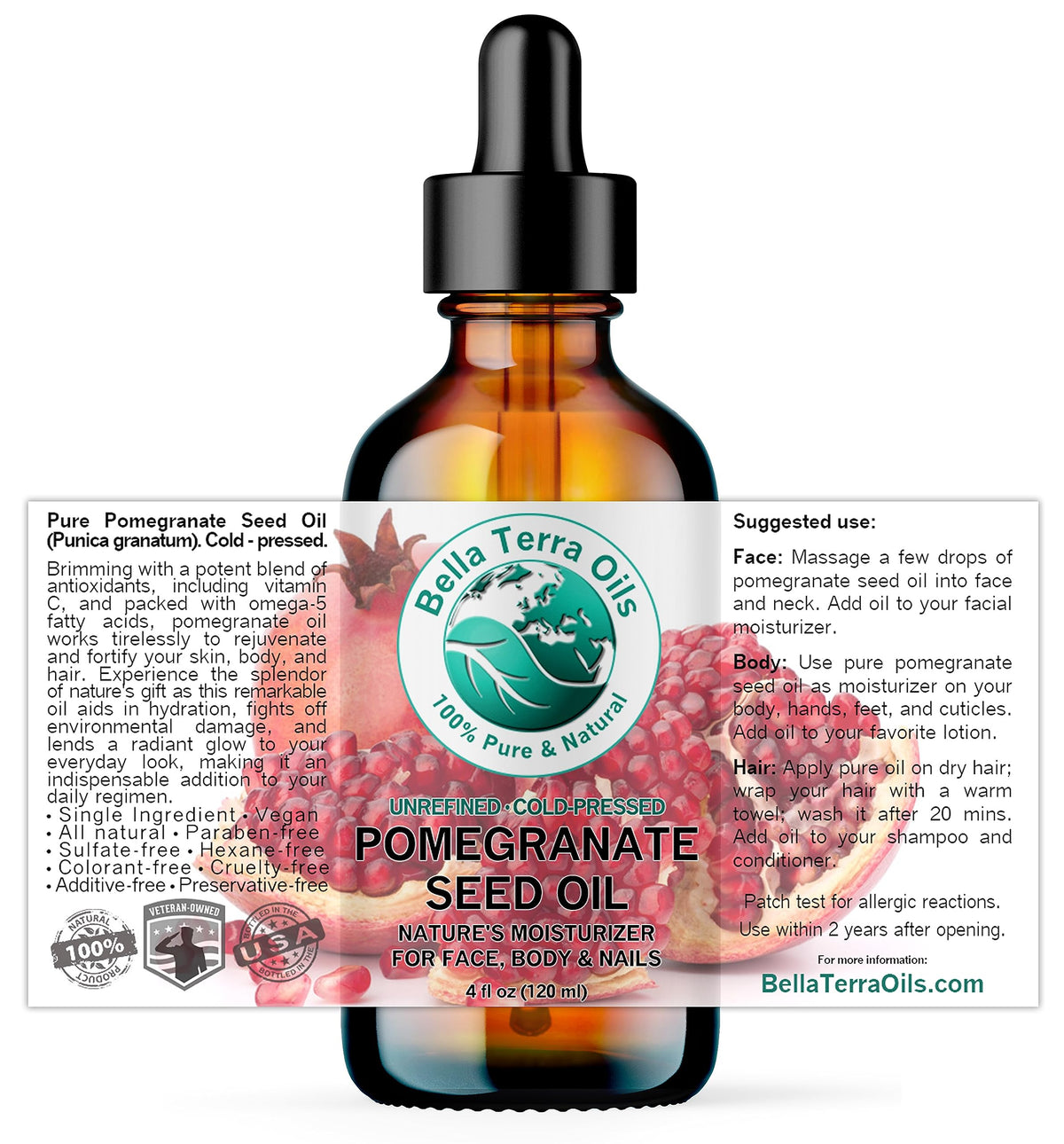 Bella Terra Oils - Organic Pomegranate Seed Oil 4 oz - A Powerhouse of Nutrients & Essential Fatty Acids, Delightfully Cold-Pressed for Pure Skin Nourishment