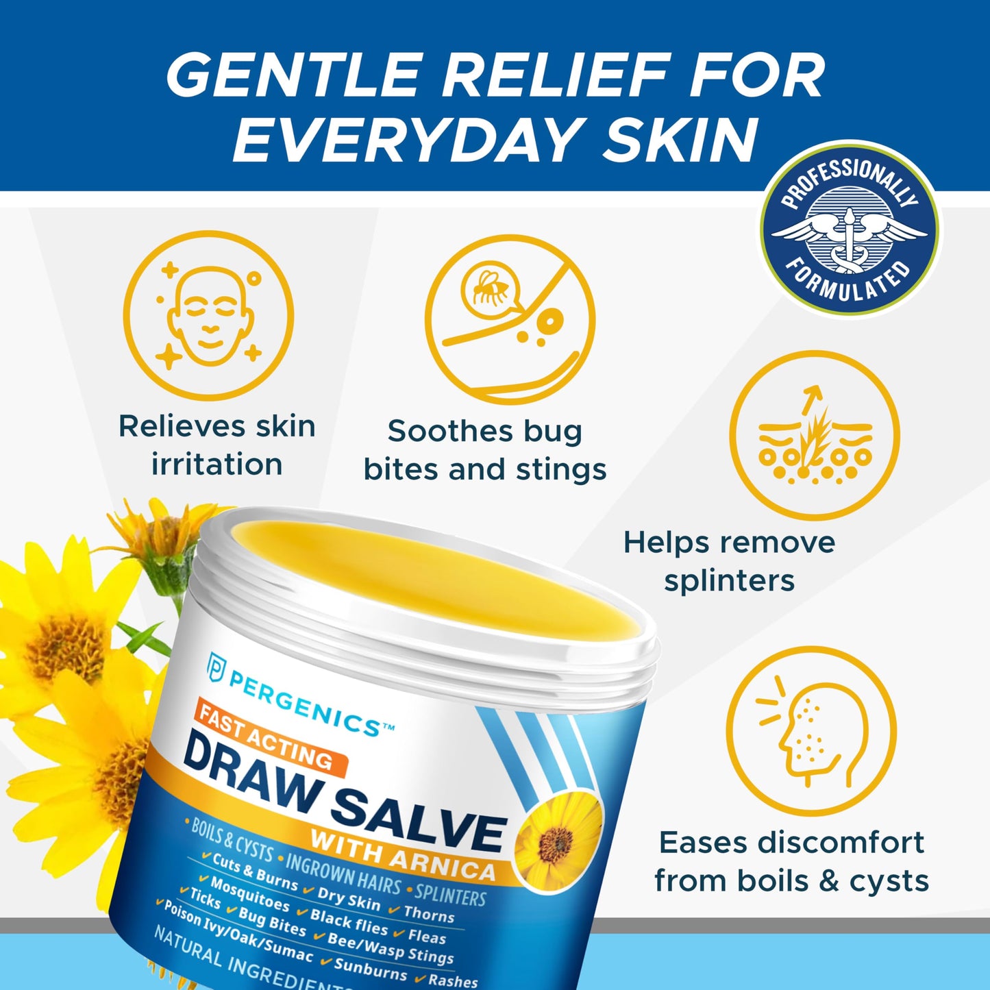Pergenics Drawing Salve with Arnica Ointment, for Dry Skin, Cuts, Burns, Rash, Poison Ivy Oak, Itching, Insect Bites, Bee Sting, Ingrown Hair, 2 Oz