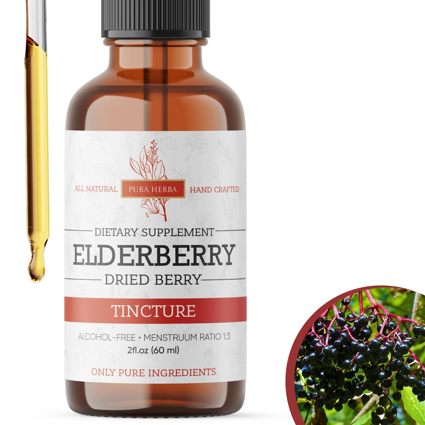 Pura Herba Elderberry Tincture – Organic Elderberry Extract Liquid Drops – Sambucus Herbal Supplement – Immune Support – Elderflower & Elderberry Blend – Alcohol-Free, 2 fl oz