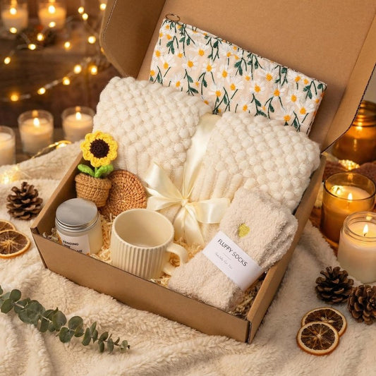 LemonRoad Birthday Gifts for Women, Self Care Gift Basket with Cozy Knit Blanket, Mug, Candle, Socks, Sunflower Decor & Cosmetic Bag, Blanket Gift Set Care Package for Mom Wife Girlfriend Friend