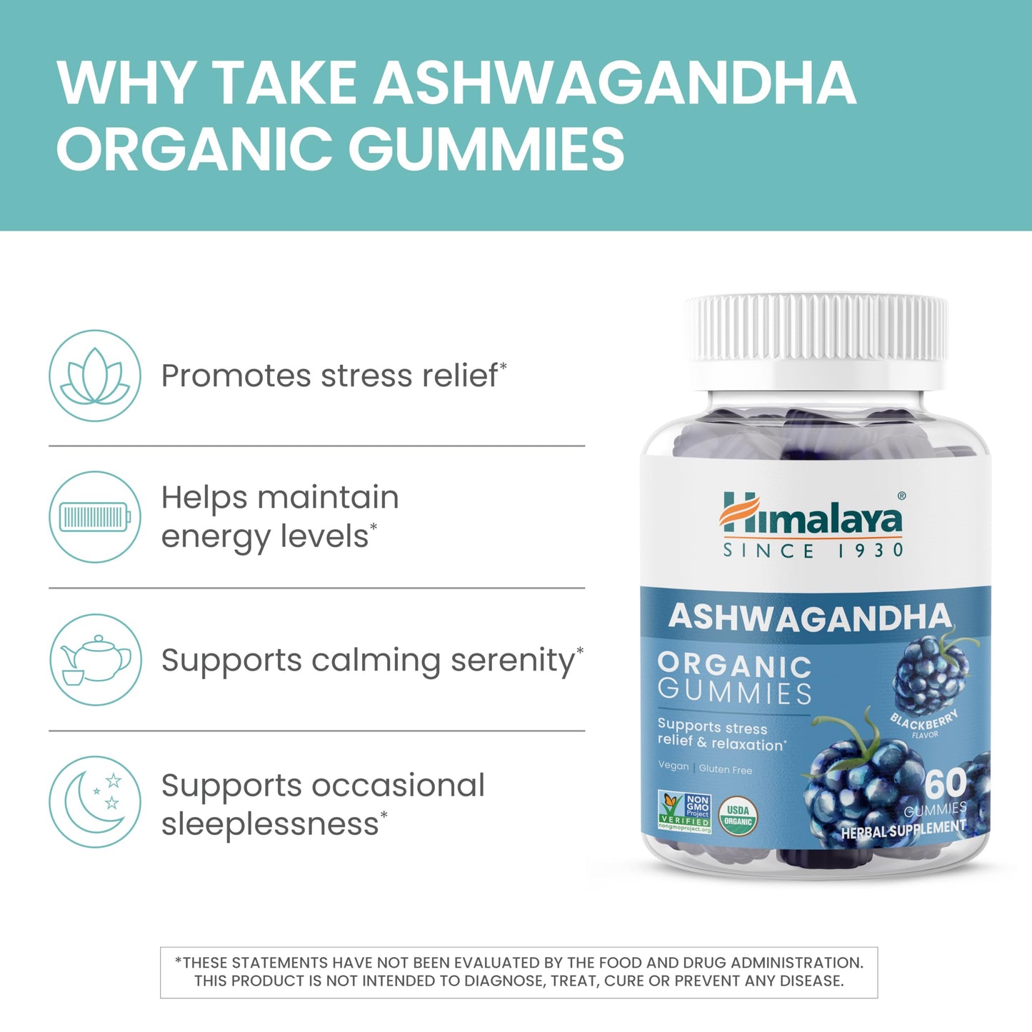 Himalaya KSM-66 Organic Ashwagandha Gummies, Ashwagandha Supplements to Help with Stress Relief, Energy and Relaxation, Ashwagandha Gummies for Women and Men, Delicious BlackBerry Flavor, 60 Gummies