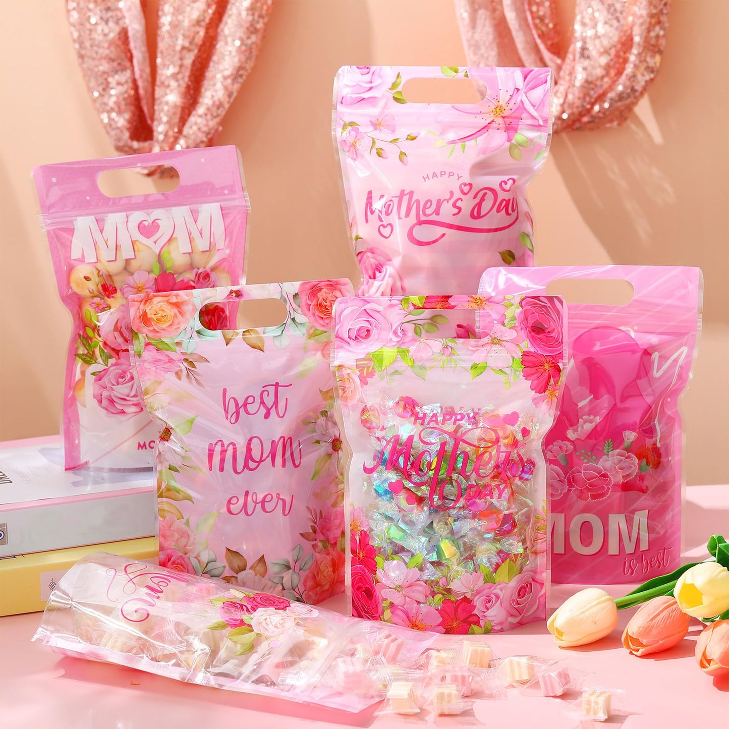 Kosiz 60 Pcs Mother's Day Gift Bags with Handles Plastic Pink Flower Mom Candy Treat Goodie Cookie Bags for Mothers Day Theme Floral Party Favors Supplies