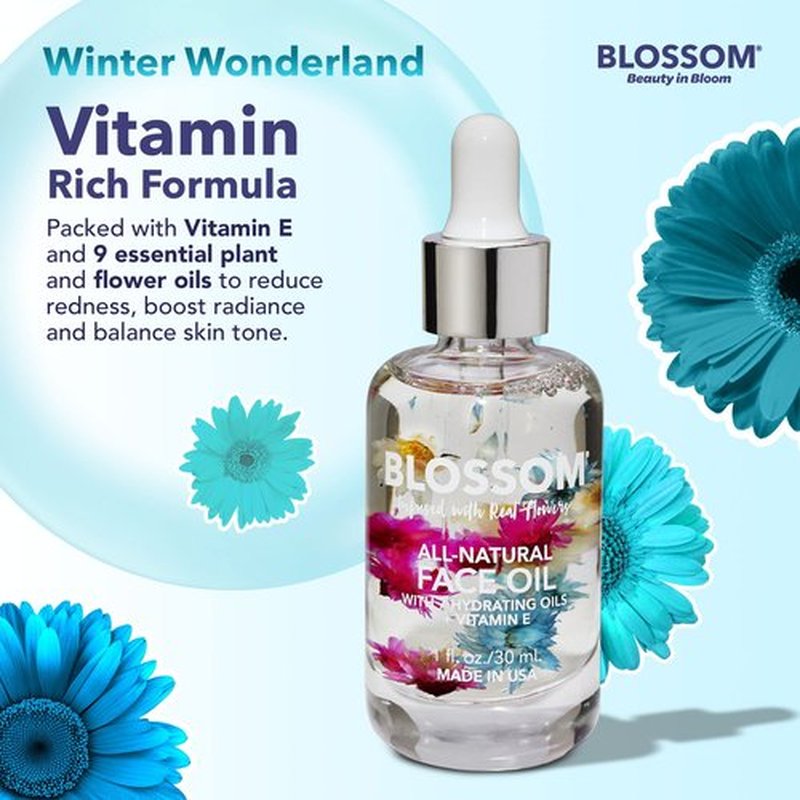 Blossom Unscented All Natural, Vegan, Cruelty Free Face Oil with Vitamin E, Infused with Real Flowers, Made in USA, 1 fl. oz., Winter Wonderland