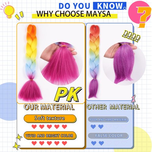 Maysa Rainbow Braiding Hair 24in Jumbo Braiding Hair 6Packs Soft Synthetic Colored Hair Extensions for Kids #Sky blue-Pink-Purple-Rose red
