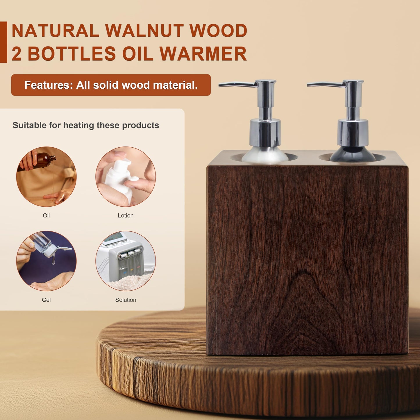 Elitzia Walnut Wood Massage Oil Warmer Independent Dual-Bottle Heating Control with 4 Massage Oil Pump Bottles Lotion Warmer Dispenser Heated 122-140°F Suitable for Salon Spa ETAW03