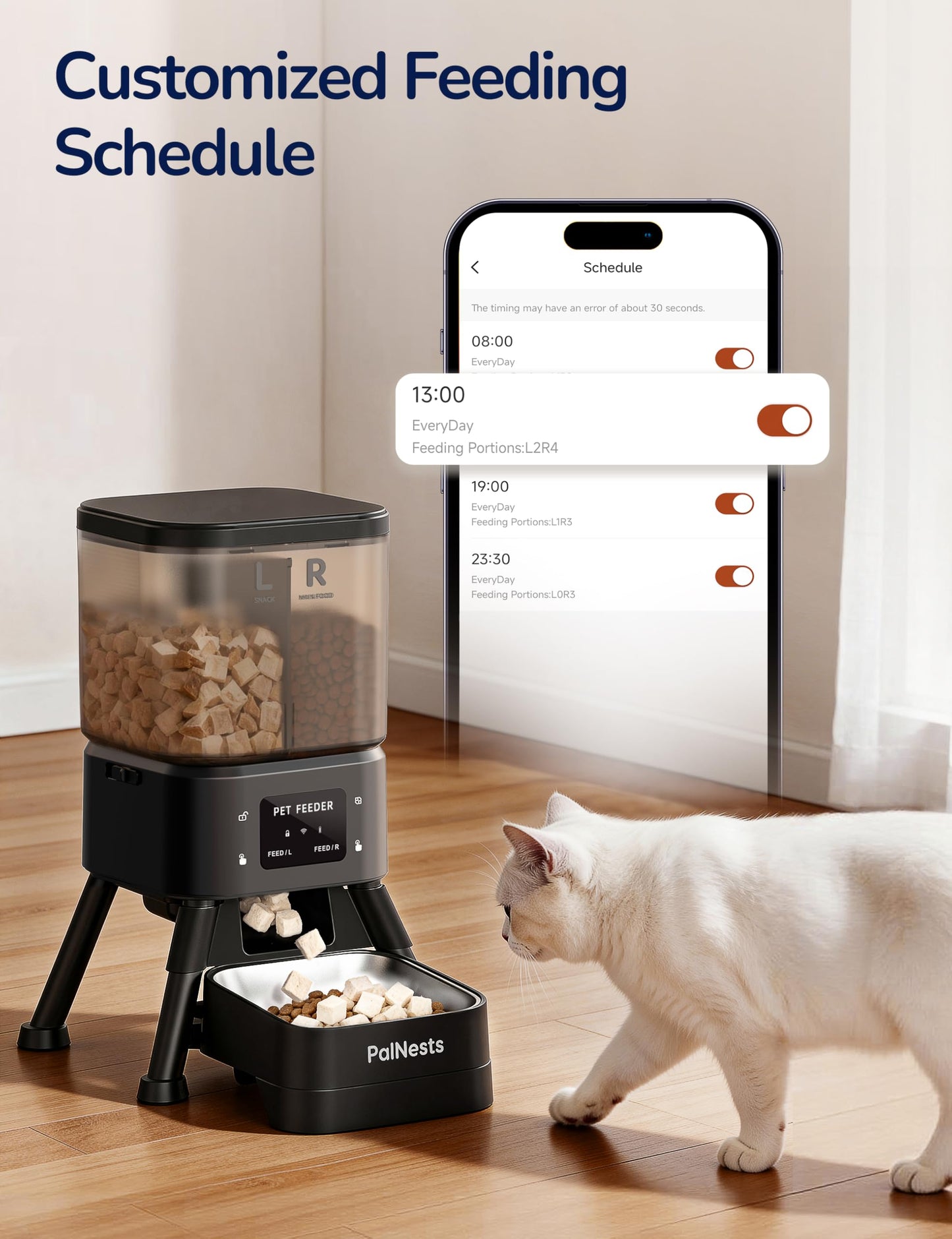PalNests Dual Chamber Automatic Cat Feeder, Smart WiFi Pet Food Dispenser with 2.4&5G WiFi App, Custom Schedule & Portion Control for Dry Food and Treats, 4L, Black