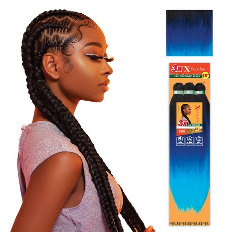 Sensationnel Xpression prestretched braiding hair - 3x xpression 58inch kanekalon fiber flame retardant smooth yaki braid - 3x x-pression 58 inch (4 pack, 3T1B/DBLUE/LBLUE)