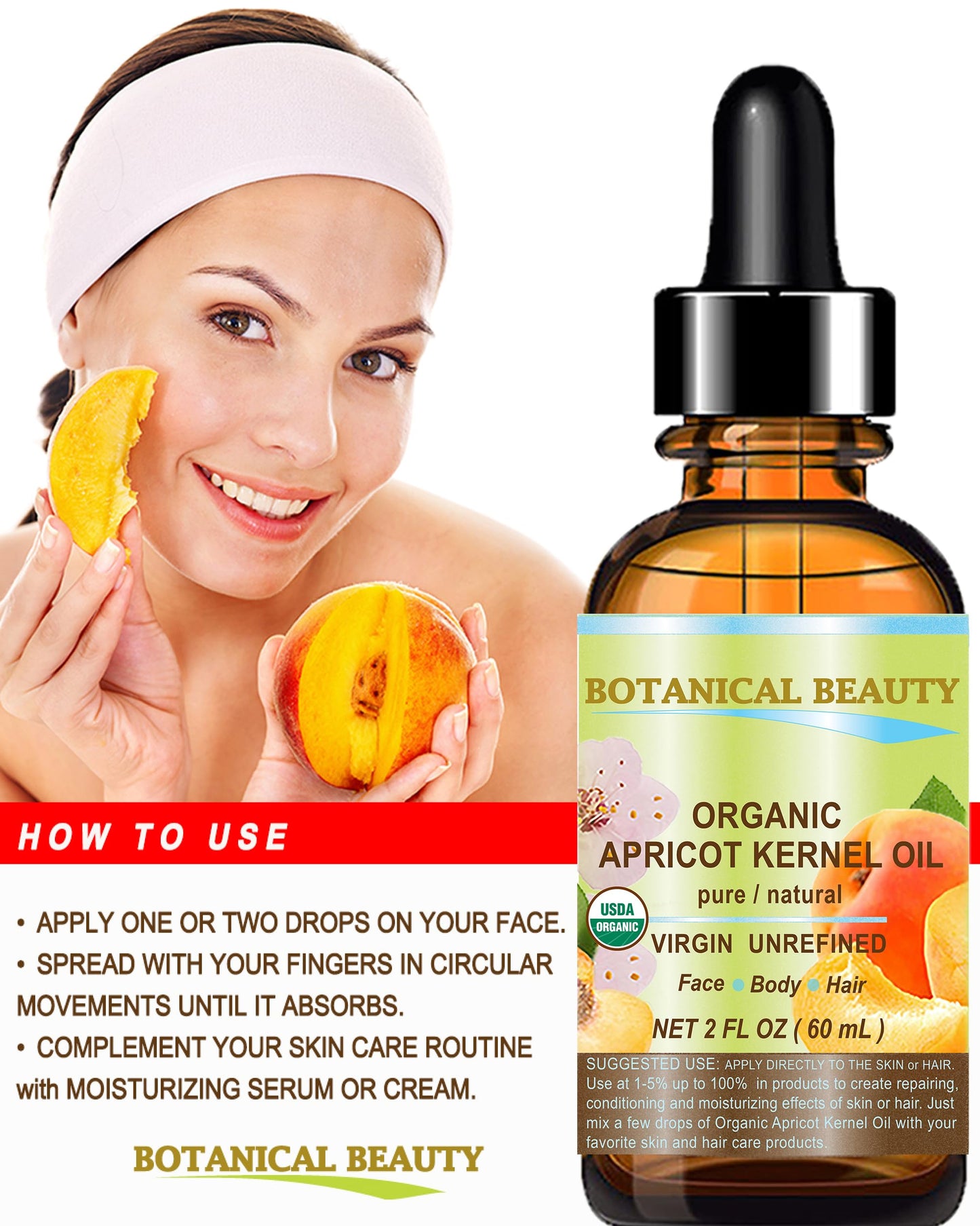 Botanical Beauty ORGANIC APRICOT KERNEL OIL Australian. 100% Pure Virgin Unrefined Cold Pressed Carrier Oil 1 oz- 30 ml. For Face, Hair, Body, Nails, Skin, Anti - aging