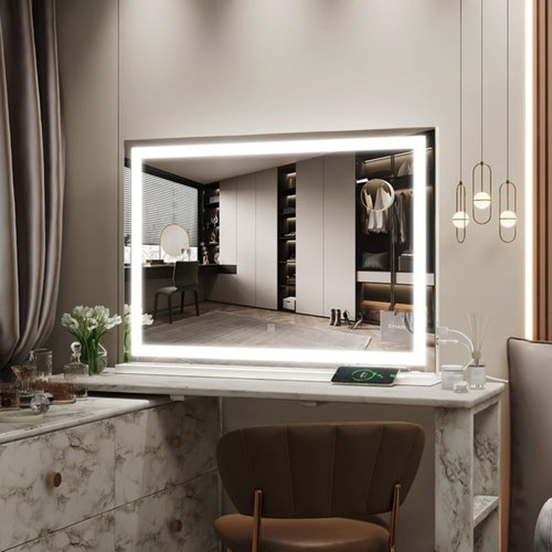 ROLOVE Vanity Mirror with Lights, 32" x 22" Large Lighted Vanity Mirror with Dimmable 3 Modes, LED Makeup Mirror, 10X Magnification, USB Charging Port, Tabletop or Wall-Mounted Square White