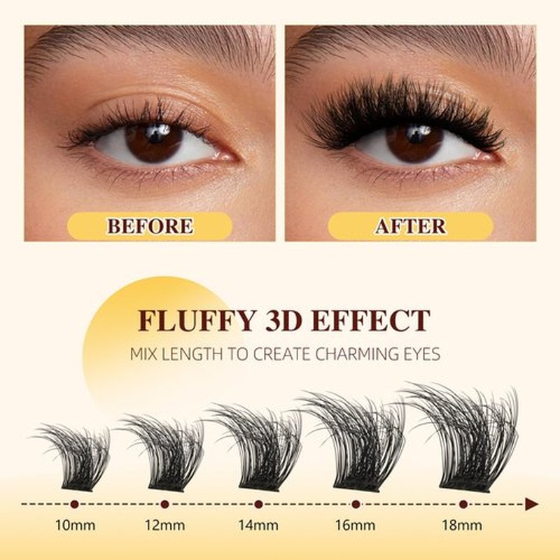 QUEWEL Fluffy Lash-Clusters Kit, DIY Lash-Extension Kit Includes 168 Pcs Lash-Clusters with Large Capacity 16ml Bond&Seal Lash Applicator, Cluster Lashes Kit Easy to Use at Home (3D PY01-MIX10-18 Kit)