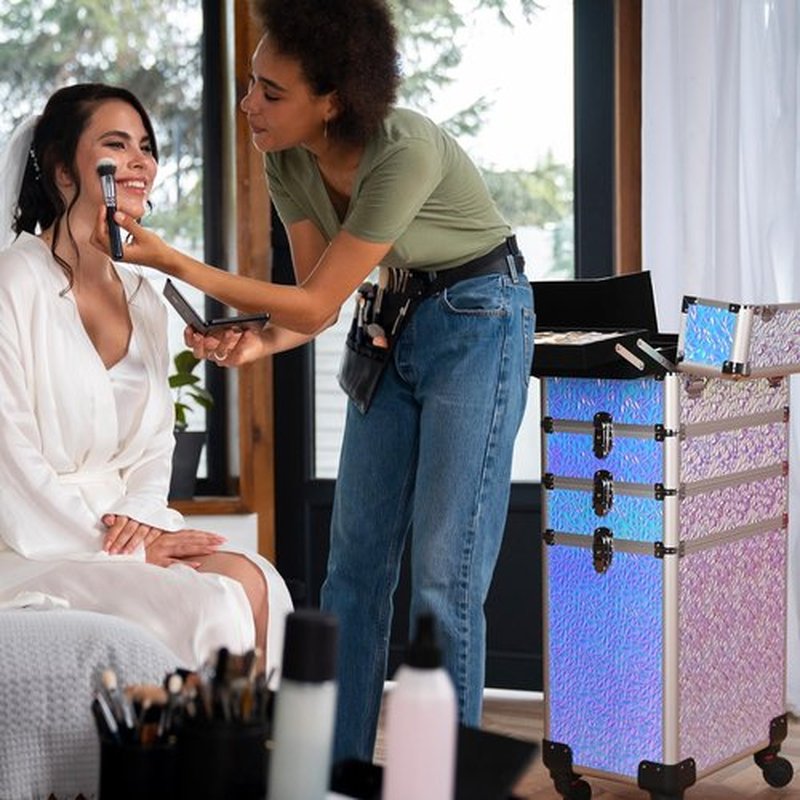BYOOTIQUE Rolling Makeup Train Case 4in1 Cosmetic Trolley Organizer Travel Case Lockable Salon Barber Case Traveling Cart Trunk with Detachable Wheels for Makeup Artist Trave Nail, Softening Purple