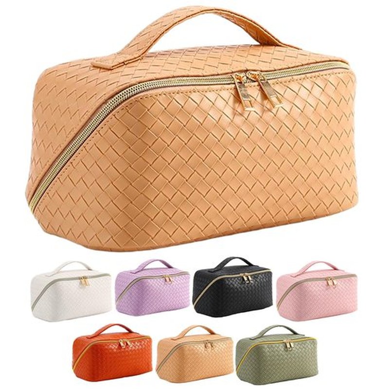 Large Capacity Makeup Bag, Cosmetic Bag Leather Woven Cosmetic Travel Bag Roomy Double Layer Makeup Bags for Women Makeup Pouch Portable Zipper Bags (Tan)