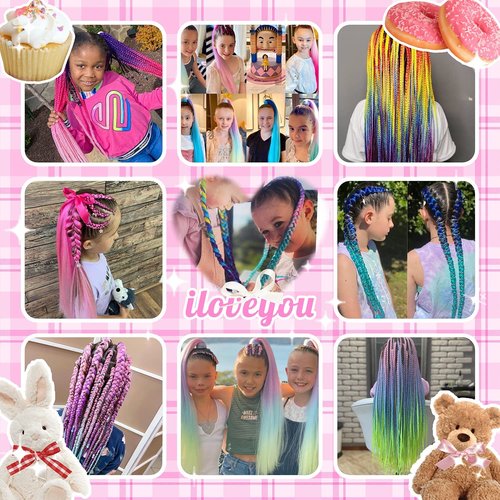 Maysa Rainbow Braiding Hair 24in Jumbo Braiding Hair 6Packs Soft Synthetic Colored Hair Extensions for Kids #Sky blue-Pink-Purple-Rose red