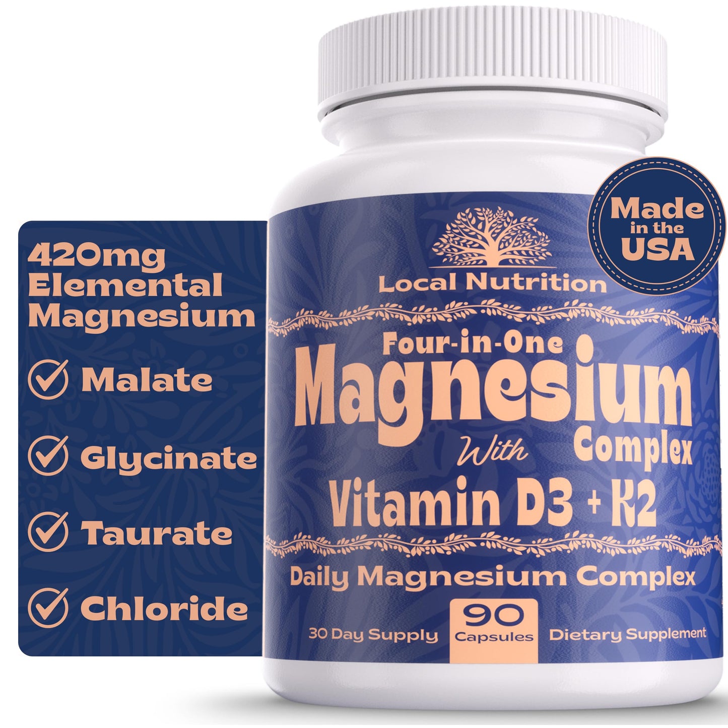 Local Nutrition Magnesium Complex 420mg with Vitamin D3 K2 - Four Bioavailable Forms Including Bisglycinate (Glycinate), Malate, Taurate, and Chloride for Superior Absorption - 90 Capsules Made in USA