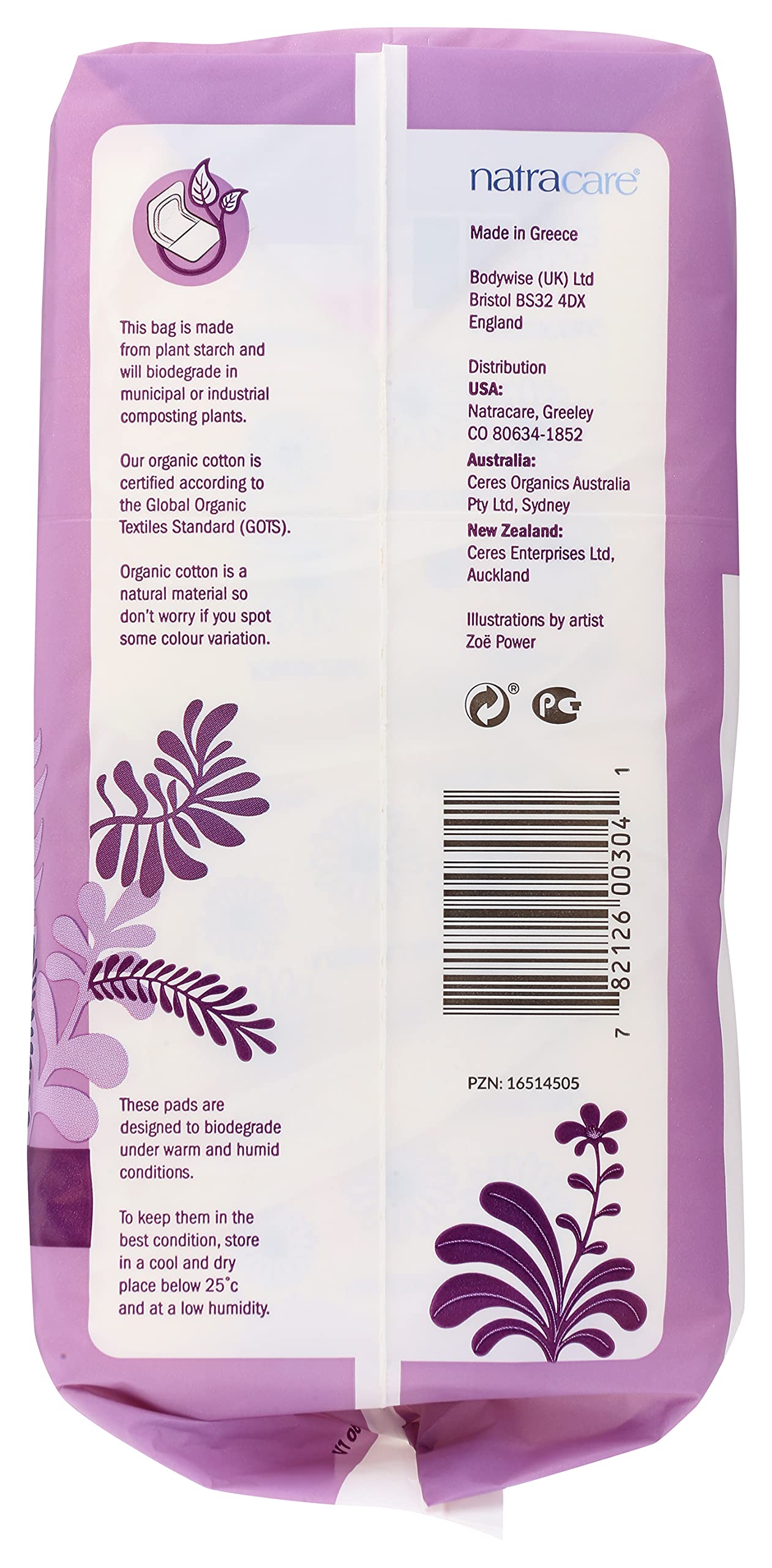 Natracare Natural Traditional Style Night Time Maxi Pads, Individually Wrapped, Without Wings in Plant-Based Bag (1 Pack, 10 Pads Total)