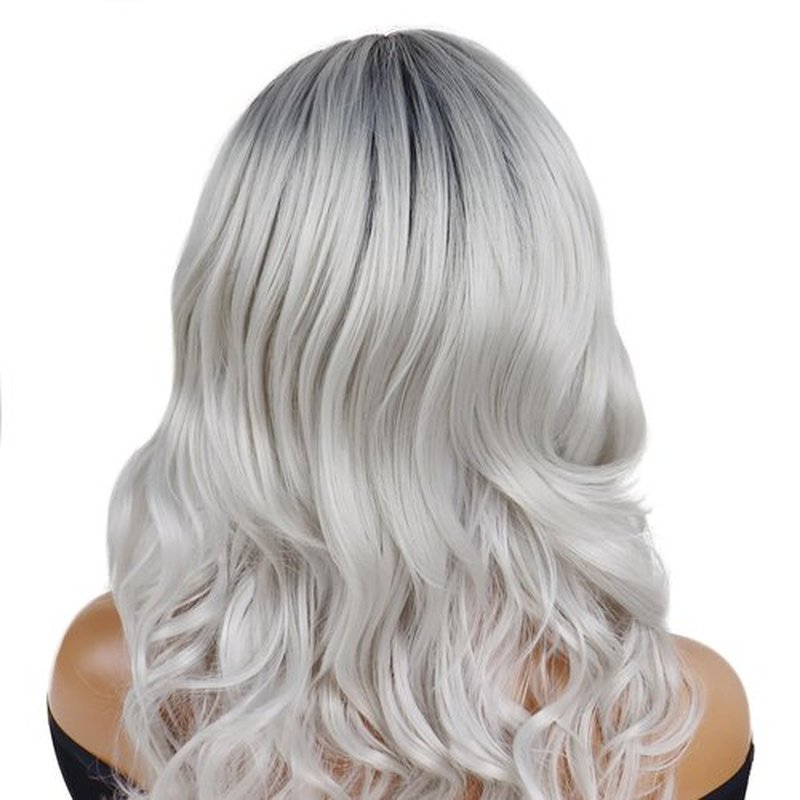 GNIMEGIL 20 Inch Long Silver Platinum Wig Natural Female Wigs Black Roots Ombre Grey Silver Wigs Heat Resistant Premium Synthetic Daily Party Wigs for Women