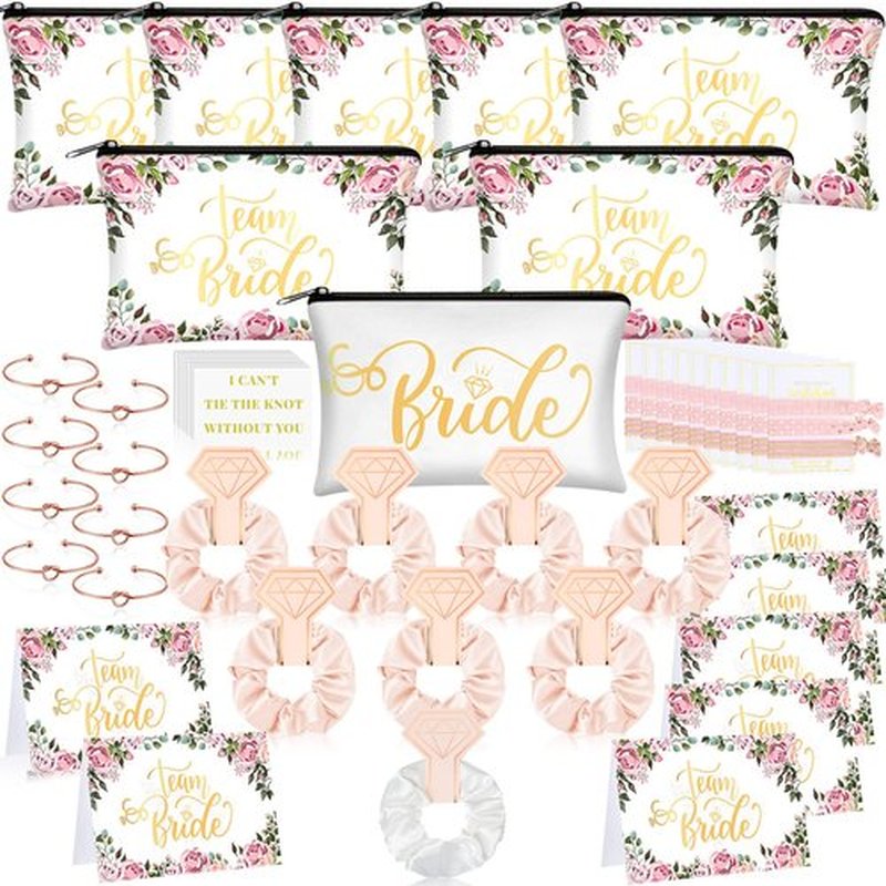 63 Pcs Bridesmaid Proposal Gifts Bulk Maid of Honor Gifts Matron of Honor Gifts Brides Bridesmaid Cosmetic Makeup Bag Hair Knotted Bracelets Invitation Cards for Wedding Bachelorette (Floral Style)