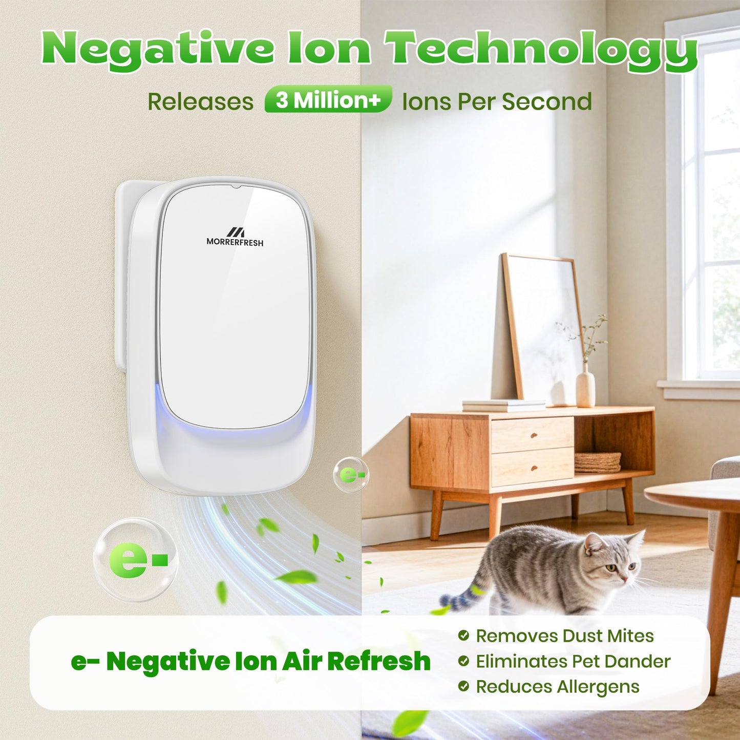 Morrerfresh Air Ionizers, Plug in Negative Ion Air Purifier, Pet Odor Eliminator for Dogs/Cats, Ozone Free Quiet Air Freshener for Small Spaces/Cat Litter Room, Kitchen, Smoke Dust, Mini Air Cleaner