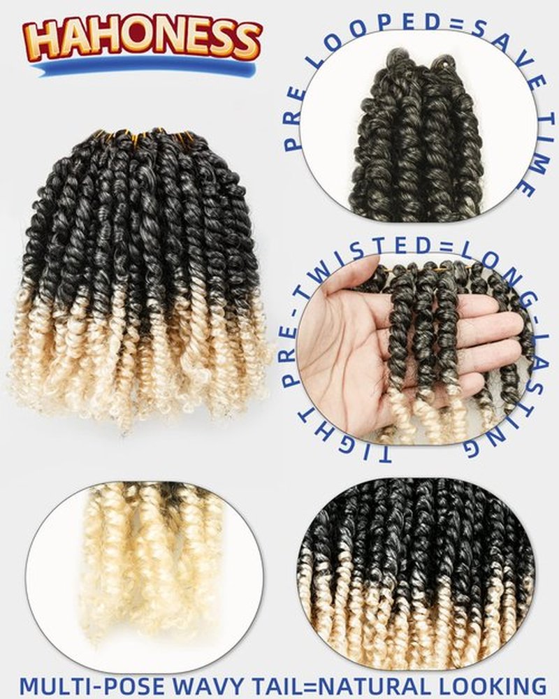 6 Inches 8 Packs Super Short Passion Twist Crochet Hair for Black Women and Kids-Ombre Gray to Off-white Pretwisted Hair Extension Braided by Spring Kinky Bohemian Curls(6"-8 Packs,TGray/613)