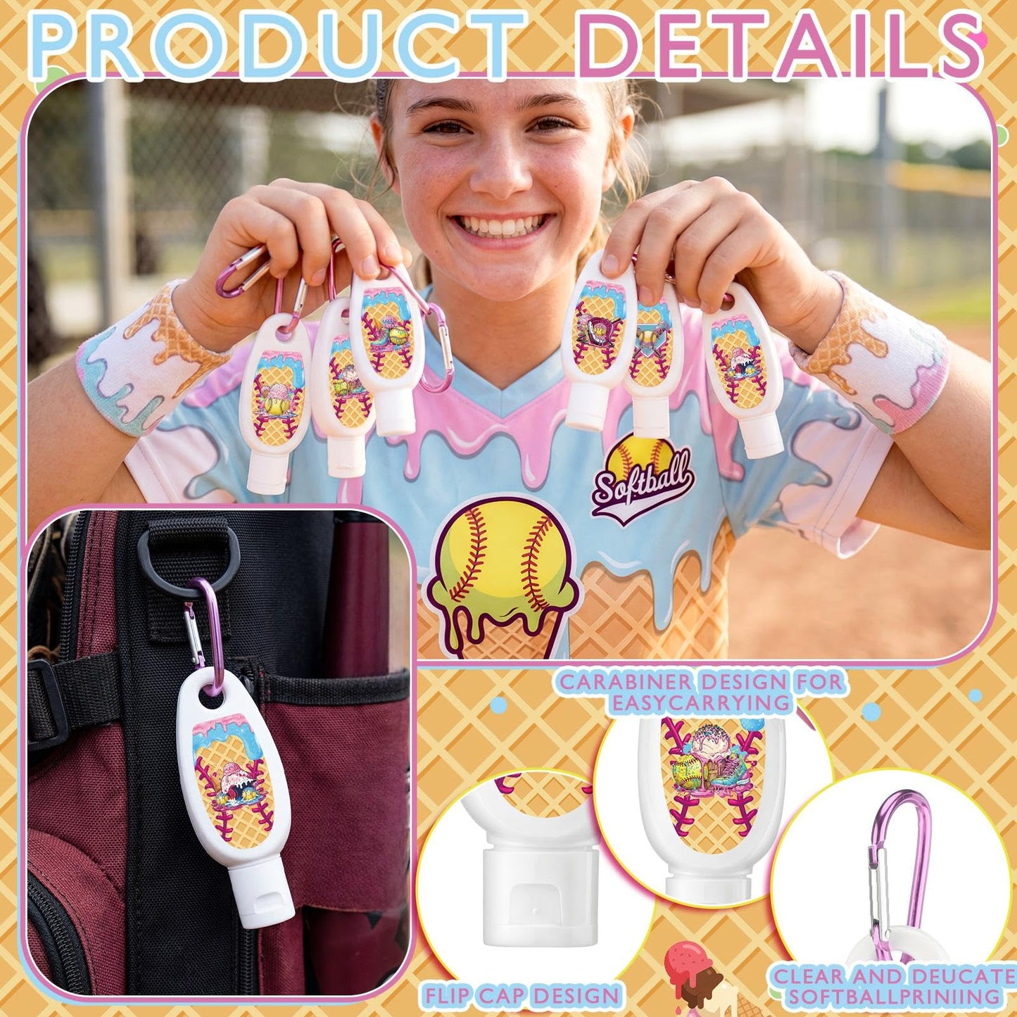Leelosp 24 Pcs Softball Drip Mini Sunscreen Bulk Travel Size 1oz Cream Drip Party Favor Softball Team Gifts Bulk Sunscreen Keychain with Clip Spf 30 Broad Spectrum Sport Accessory Girl