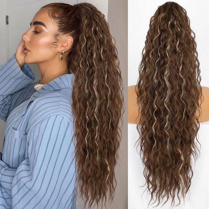 ORSUNCER Ponytail Extension Claw 30" Brown with Blonde Highlights Curly Clip in Pony Tail Fluffy Natural Looking Synthetic Hairpiece