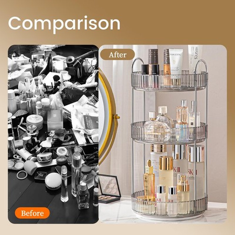 Aveniee 360 Rotating Makeup Organizer for Vanity, Skincare Make Up Organizers Large, Spinning Bathroom Counter Organizer Shelf Holder for Cosmetics, Skin Care, Lipsticks(3 Tiers, Grey)