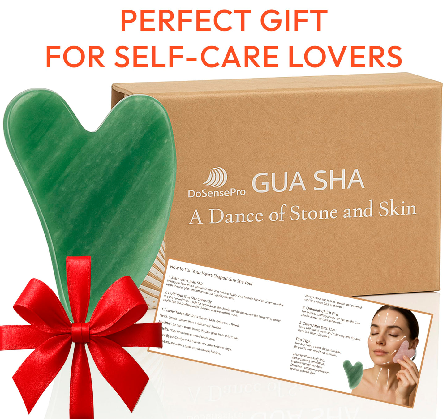 DoSensePro Real Jade Gua Sha Facial Tool, Heart-Shaped Stone, Gift-Boxed