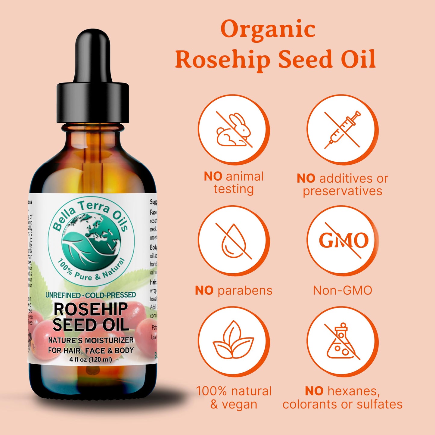 Bella Terra Oils - Natural Rosehip Facial Oil 8 oz - Dive into Natural Rosehip's Essential Fatty Acids & Antioxidants, Infused with Vitamin F, Elevate Daily Face Rituals