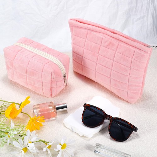 ZLFSRQ 2Pcs Makeup Bag for Women Trendy Large Capacity Cosmetic Bag Plush Pink Checkered Makeup Pouch for Purse Coquette Zippered Bag Organizer Y2K Aesthetic Accessories Makeup Brush Storage Bag
