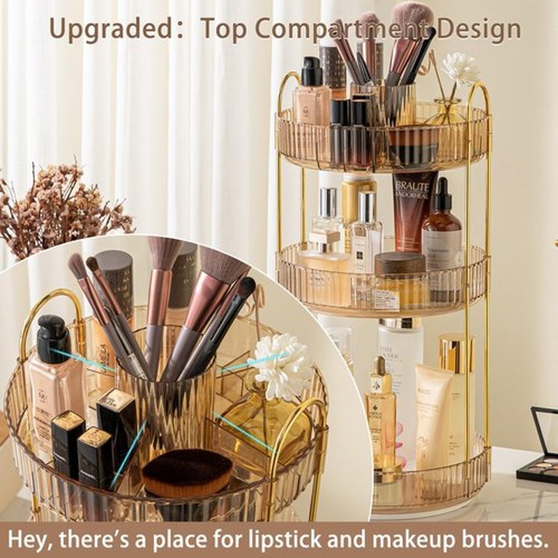 shuang qing 360° Rotating Makeup Organizer, High-Capacity Bathroom Countertop Vanity Organizers, 3 Tier Spinning Skincare Storage, for Perfume/Cosmetic/Makeup Brushes/Lotion（Gold）