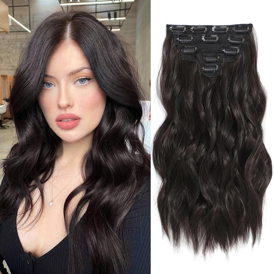Fliace Clip in Hair Extensions, 6 PCS 1 6 Inch Hair Extensions Clip Ins, Dark Brown Long Wavy Hairpieces(16inch, 6pcs, Dark Brown)