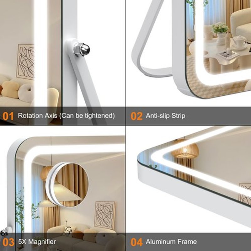 Hasipu Vanity Mirror with Lights, 11" x 14" LED Makeup Mirror, 3 Modes Light, Smart Touch Control Dimmable, 360°Rotation, Rectangle White Frame, with 5X Magnifying Glass