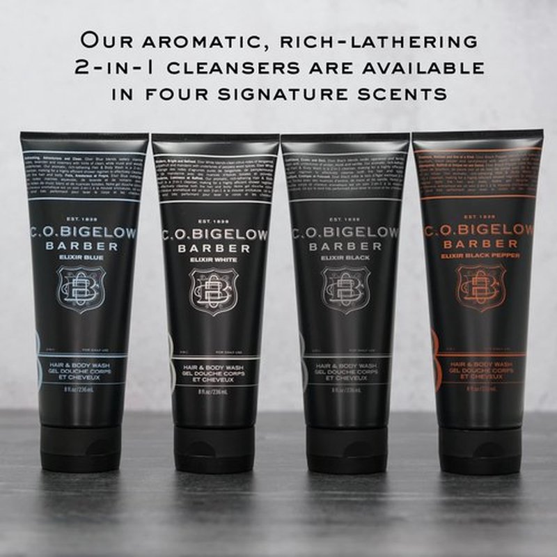C.O. Bigelow Men's Hair and Body Wash, Elixir Black, No. 1605, 8 fl oz, Mens Body Wash & Shampoo, Musk & Vanilla Moisturizing Mens Shampoo & Body Cleanser
