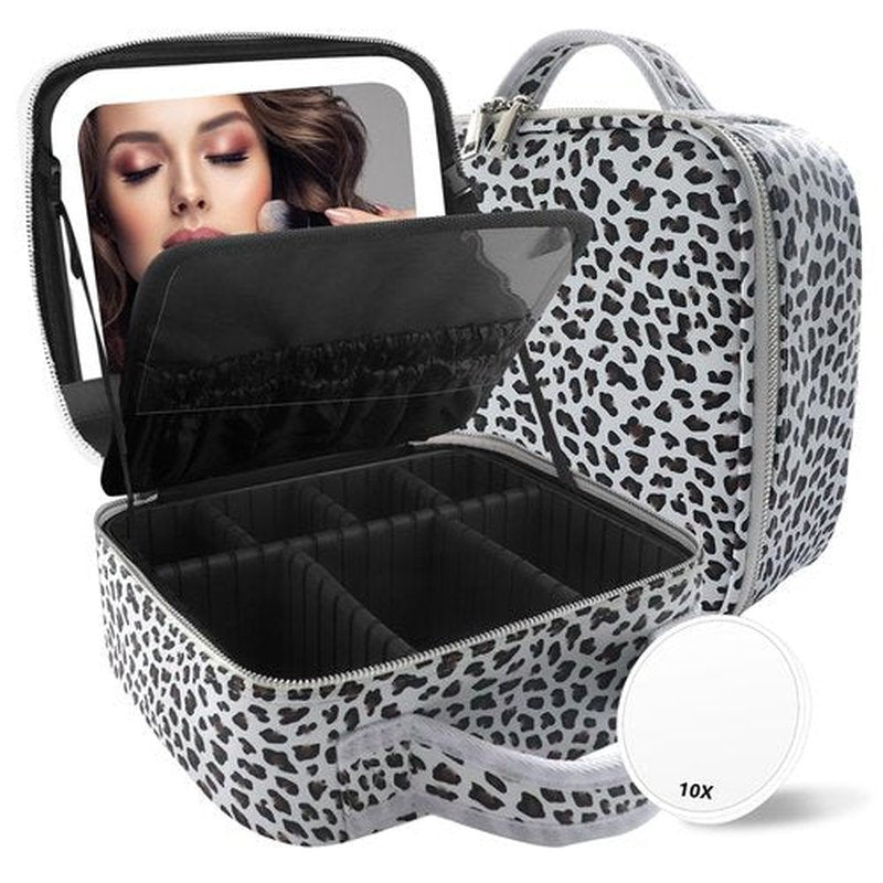 Travel Makeup Bag Cosmetic Bag Makeup Organizer Bag with Lighted Mirror, Adjustable Brightness in 3 Color Scenarios, Waterproof Makeup Train Case, Gift for Women - Leopard White