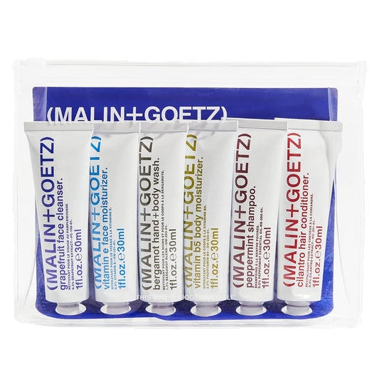 MALIN+GOETZ Travel Kit - Six Vegan Essentials for Face, Body & Hair | Grapefruit Cleanser, Vitamin E Moisturizer, Peppermint Shampoo | 6 x 1 oz