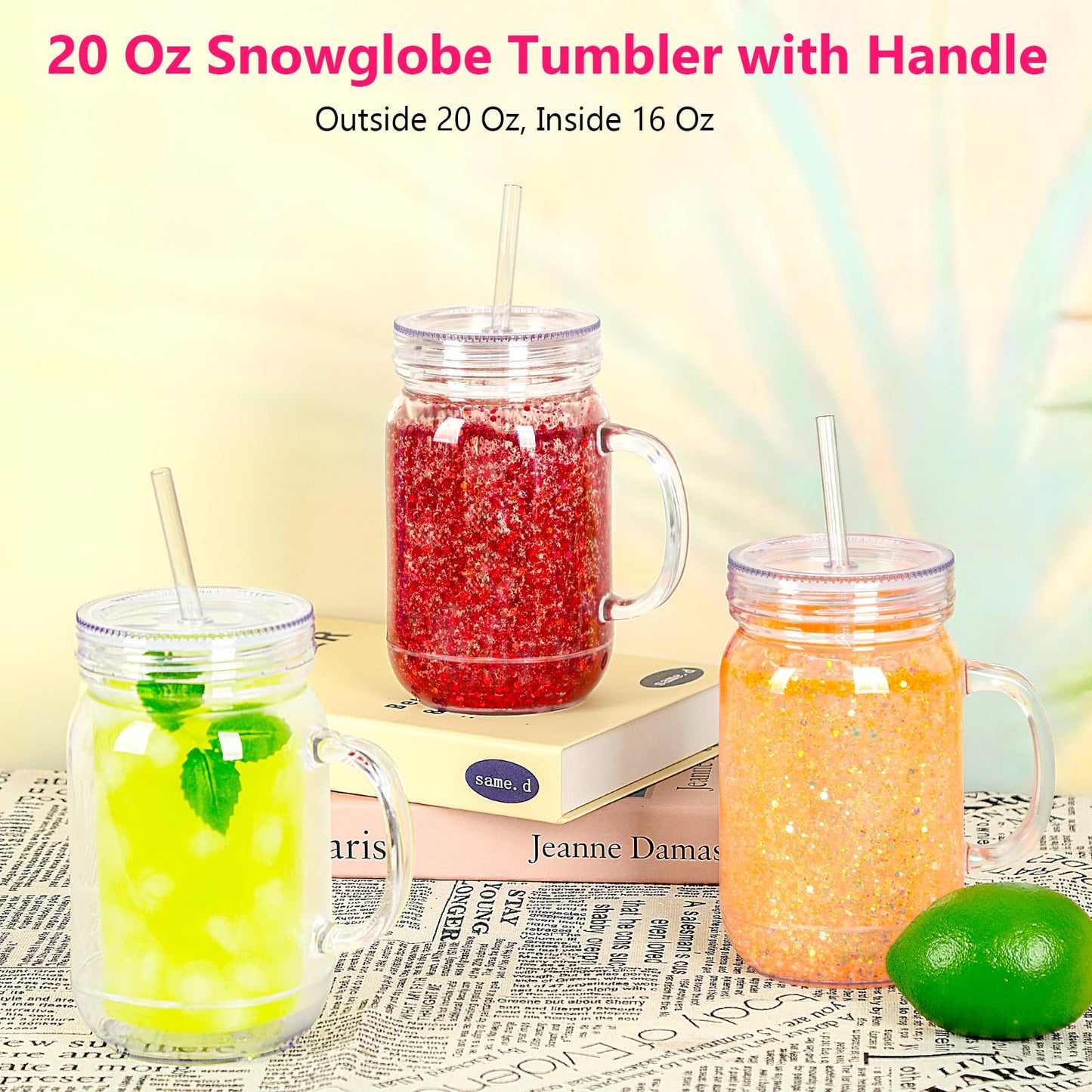 Micellwuu 20 Oz 8 Pack Acrylic Snowglobe Tumbler With Handle, Snow Globe Cups with Pre Drilled Hole, Double Wall Plastic Mason Jars with Handle for Snow Globe Glitter DIY (Clear)